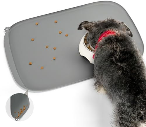 Conlun Dog Food Mat with Side Pocket & Hook Hole, Soft Raised Edges, Easy Clean Waterproof Non-Slip Pet Feeding Mat for Cats and Dogs Water Bowl, Pets Accessories(46x30cm,Grey)