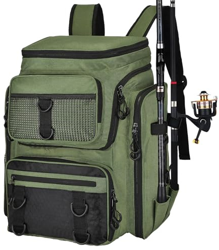 hzuisst Fishing Backpack, 42L Large Fishing Bag with Rod Holders, Water-Resistant Fishing Rucksack, Fishing Gear Bag, Fishing Tackle Bag Outdoor Shoulders Backpack for Fishing Hiking Hunting Camping