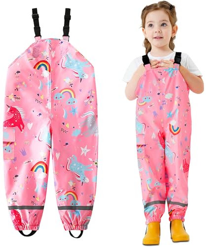 JinBei Enfant Pantalon de Pluie, Fille Imperméable Coupe-Vent Pantalon, Rose Cheval Mignon Motif Respirant Légères Salopette avec Reflechissant et Poches d'extérieur Boue Pluie Pants 6 Ans