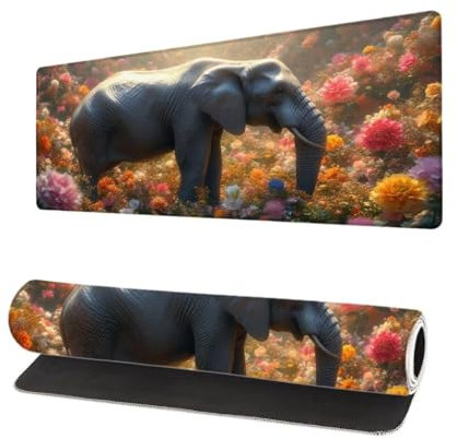 Grand Tapis de Souris XXL 900x400x3mm, Tapis de Souris Gamer Fleur avec Surface en Antidérapant Résistant à l'eau Tapis de Bureau Mouse Pad Éléphant, sous Main Souris à Bords Cousus pour Bureau G-8