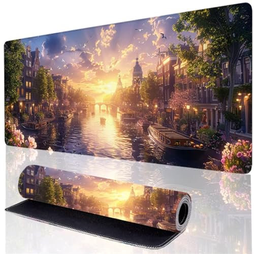 Yellow Mouse Pad XXL 100x40cm, City Mouse Mat Gaming, Large Desk Pad with Waterproof Anti-Slip Rubber Base, Stitched Edges Keyboard Mat for PC Office desk Accessories, Laptop, Gifts for Men 4Q-9