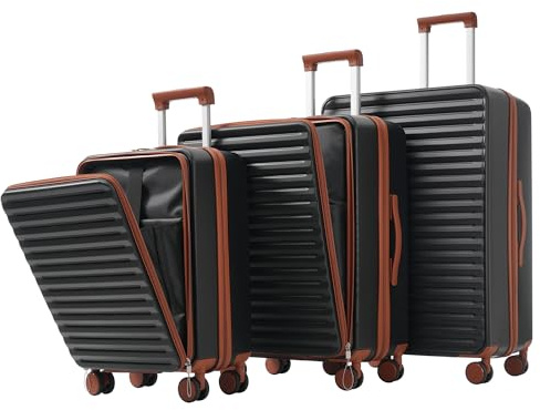 Merax Lot de 3 valises rigides à roulettes avec ouverture sur le devant, porte-gobelet pliable, serrure TSA et roulettes à 360°, tailles M-L-XL, Noir