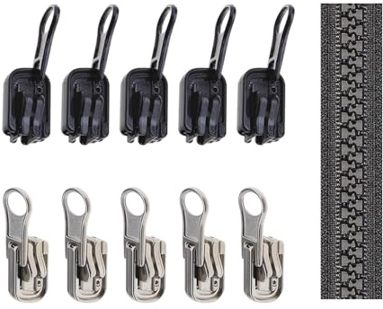 10 Pack #5 Reversible Zipper Sliders Replacement Kit with U-Shape Stops, 5 Black 5 Silver Resin Zipper Pulls Repair Set for Tents, Marine Covers, Reversible Coats and Double-Sided Clothing
