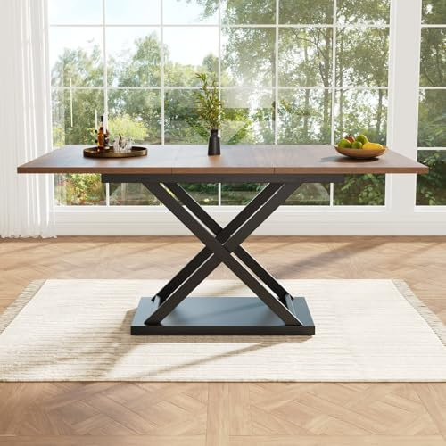 PUGSDRLY Table a Manger Extensible,Table Salle à Manger Rectangulaire Multifonctionnelle,Moderne Minimaliste,pour Cuisine Salon et Bureau (120-160x80x75/Noyer+Noir)