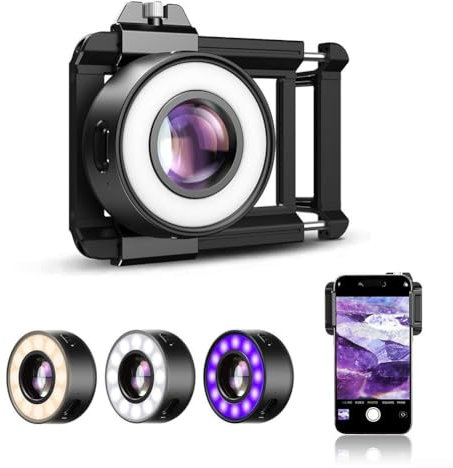 GLFLOW Portable 120X Cell Phone Microscope Lens, Smartphone Microscope with LED Light for iPhone and for Android, 36 LEDs, Filter, Clip-On Lens for Explore Micworld