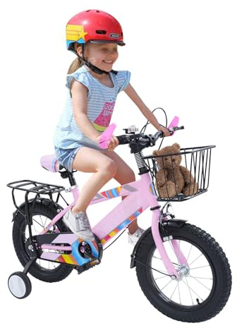 CUMELLIIR Kinderfahrrad 14 Zoll, Fahrrad Mit Stützrädern und Korb, Fahrrad Kinder Jungen Mädchen Ab 3 Jahre, Verstellbare Sitzhöhe, Rosa