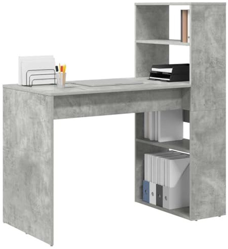 vidaXL Schreibtisch Beton Grau Holzwerkstoff 113 x 54 x 120 cm | Schlanker Look, der toll in jede Wohnung passt, Mit Regalen für eine einfache Organisation, Robuste Oberfläche,