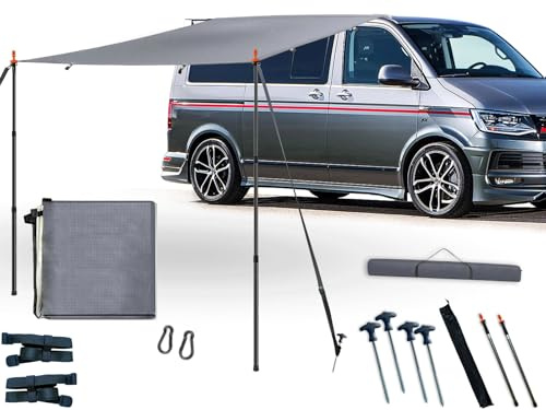 air swimmers, Sonnensegel Wohnwagen, Markise Auto, T5 Camping, vorzelt Auto, Markisen Auto, Sonnensegel Mit Keder (4-6mm), T4, T6, Waterproof, Awnings, Anti-UV, Have Zeltstangen, 2.5x2.5x2.48m(Grau)