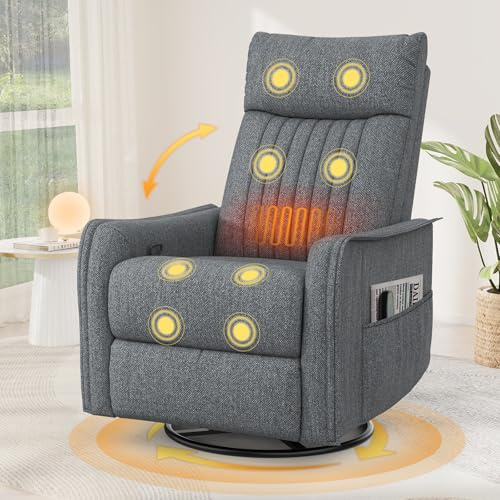 Srfzluxy Sillón reclinable Mecedora giratoria con Masaje y Calor, reposapiés extendido,Sillón reclinable 3 en 1 para Sala de Estar, sofá Individual Ajustable con Bolsillos Laterales Doble