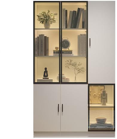 KecDuey Vetrina moderna in vetro con LED, armadio alto bianco, legno e alluminio, 120 x 35 x 200 cm, 3 ante in vetro, per soggiorno, camera da letto, ufficio