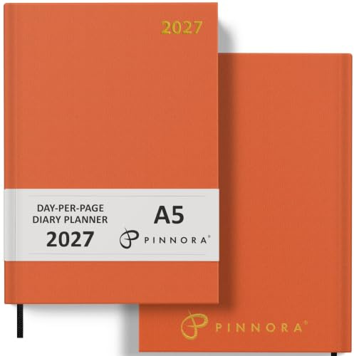 Pinnora Diary 2026 A5 Day Per Page, Orange Year Planner Organiser 2026 Day Per Page, 2026 Planner, Home, School & Office, Hard Back 2026 Diaries, A5 & A4 2026 Diary in Day Per Page & Week To View