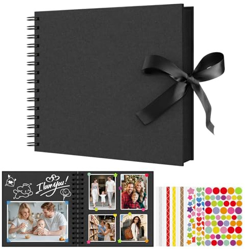 Flintronic 8in Fotoalbum Zum Selbstgestalten 80 Schwarze Leeren Seiten Scrapbook für Baby Valentinstag Geburtstag Geschenk, Ideal für Kunst und Bastelprojekte