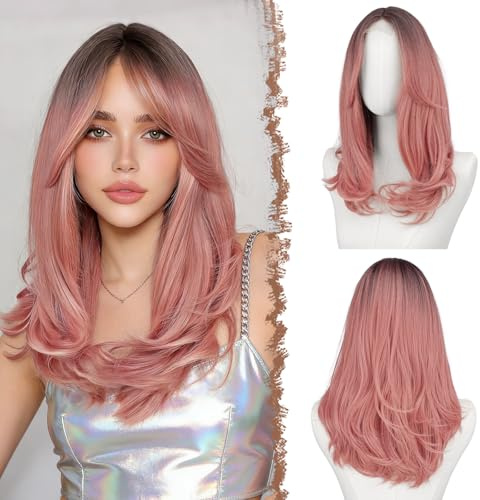 FESHFEN Lace Front Perücke Pinke Damen, Kunsthaar Perücken Pony, Ombre Rosa | 45 cm Natürlicher Look Synthetik Hitzebeständigen Haarperücke, Gesichtsrahmender Stufenschnitt, für Tägliche Karneval Cosplay