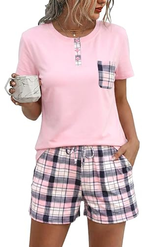 Litherday Pijama Mujer Verano Algodón Conjunto de Dos Piezas con Camiseta de Manga Larga y Cuadros Pantalón con Cordón y Bolsillos Loungewear