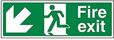 V Safety,Green,14005BJ-S Fire Exit Arrow Down Left Sign - Landscape - 450mm x 150mm - Self Adhesive Vinyl