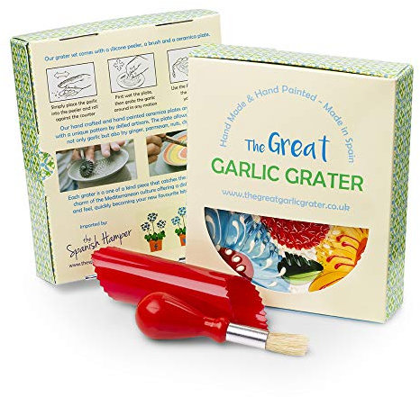 Garlic Grater Set with Brush and Peeler. (#Ref 2). Handmade and Hand Painted in Cordoba, Spain. White Plate. Red Rim and Bright Flowers.