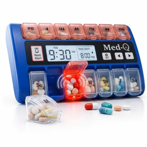 Med-Q Digitale Pillendose mit Alarmen – Blinklichter & Piepton-Erinnerungen – Monatlicher Pillendosierer für Senioren, Demenz, Alzheimer, Medikamente & Vitamin-Management