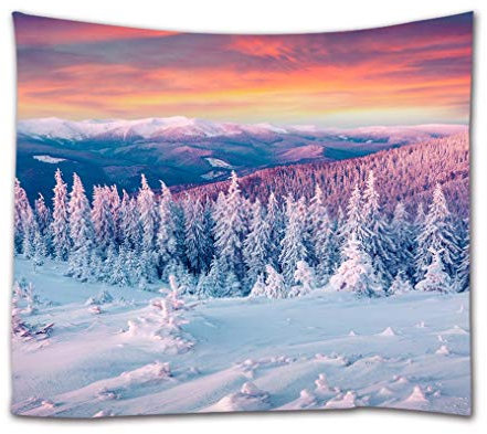 A.Monamour Wandteppiche Bunter Himmel Sonnenuntergang Blick Wald Bäume Berge Weiß Schnee Winterlandschaft Landschaft Stoff Hippie Mandala Tapisserie Wandkunst Wandbehänge Tischdecke 180x230cm