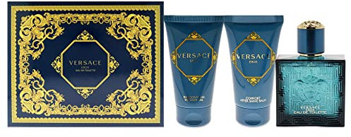 Versace Eros For Men 3 Pc Gift Set - 1.7 oz EDT Spray, Comfort After Shave Balm, Invigorating Shower Gel