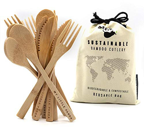 My Little Panda Cubiertos de bambú Reutilizables y súper Ligeros, Acampar, Barbacoa, Picnic. No más Cubiertos de plástico de un Solo Uso, Go Green. 12-Pack