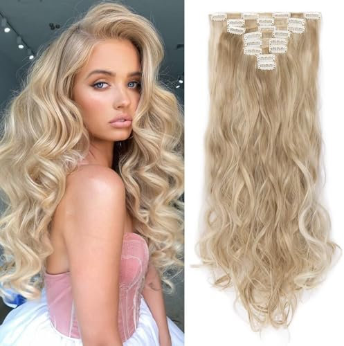 TESS Haarteile Clip in Extensions wie Echthaar günstig Haarverlängerung 8 Tressen 18 Clips Ombre Haarteil Gewellt 24(60cm)-140g Honigblond/Blond