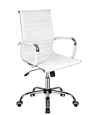 T-LOVENDO.ES Silla de Oficina o escritorio Blanca de Diseño Moderno y elegante - Ergonomica y Reclinable - de Piel Cuero Sintetico. Ideal Sala de reuniones