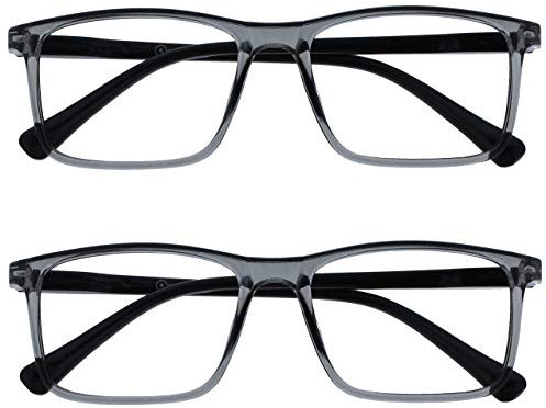OPULIZE INK Lesebrille für Damen und Herren - 2er-Pack - Groß Rechteckiger Rahmen - Komfort Federscharniere - Kratzfest - Grau +1.50