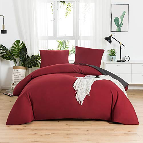 MOHAP Housse de Couette Réversible 220x240 / 65x65x2 cm Rouge + Gris Foncé Parure de Lit Bicolore pour 2 Personnes Fermeture Éclair Sets de Housse Couette