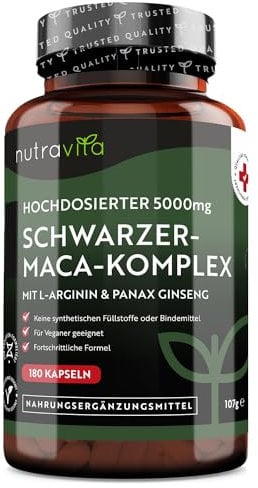 Maca Kapseln schwarz - Hochdosiert mit 5000mg - 180 vegane Kapseln - Zusätzlich mit Panax Gingseng und L-Arginin - Laborgetestet in Deutschland - Ohne Zusätze und GVO Frei - 6 Monatsvorrat