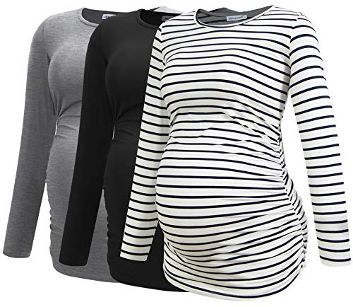 Smallshow Damen Umstands-Tops, Tunika, T-Shirts, langärmelig, Schwangerschaftskleidung, 3er-Pack, Schwarz-Hellgrau-Weiß mit marineblauen Streifen, Groß