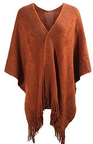 ZLYC Damen schal goldene Trim Knit-kuscheldecke Fringe Poncho-Mantel Strickjacke (Karamell),Einheitsgröße