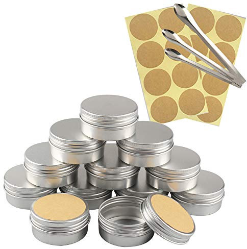 TIANZD 10 Stück Leere 50 ml Rund Silber Aluminium Tins Schraubdose Cremedose Alu-Tiegel Dosen mit Schraub-Deckel 5ml Aludose Blechdosen für Kosmetik Kerze Salben 3x Löffel, 12x Etikette