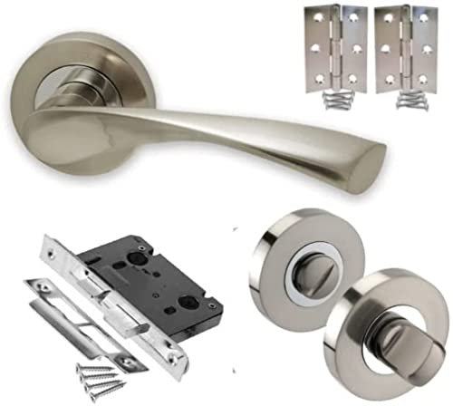 Haven Heritage Satin & Chrome Door Handles Internal Doors, Bedroom Door Handle, Indoor Door Handles, Duo Arched Twist Astrid Interior Lever on Rose Bathroom Lock Set & Thumb Turn, Diameter Approx 51cm