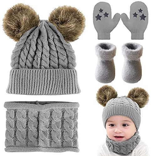 CheChury Warme Winter Mütze Schal Kinder Sets Baby Mädchen Beanie Hut Jungen Strickmütze mit Bommel Babymütze Schlupfmütze für 0-3 Jahre Kinder (D-grau, One Size)