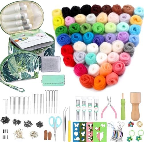 50 Farben Nadelfilz Set, 304 Stück Nadelfilz Werkzeuge, Starter Set mit 50 Farben Filzwolle, Grundlegende Filzwerkzeuge und Zubehör für Anfänger, DIY Filz Tier Handwerk, Heimdekoration
