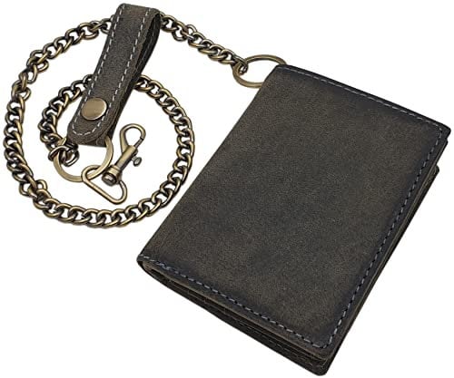 Echt Büffel-Vollleder Hochformat Bikerbörse / Geldbörse / Geldbeutel / Portemonnaie / Geldtasche mit Metallkette mit Totenkopf-Motiv oder ohne Motiv mit RFID & NFC Schutz (Ohne Motiv / Vintage-Grau)