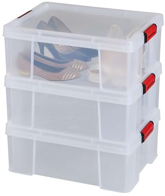 SUNDIS Clip’N Store, lot de 3 boîtes de rangement 27L en plastique transparent, renforcées avec couvercle clipsable, aptes au contact alimentaire, parois droites, superposables et combinables