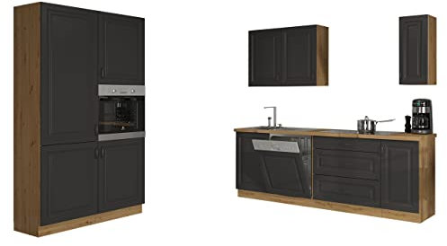 Mirjan24 Coin cuisine avec plan de travail Retroline III, meuble sous évier, armoire de four, armoire basse à tiroirs, armoire haute (chêne artisan/graphite, avec éclairage LED)