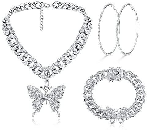 Kakonia Link Kette Schmuck Set Bling Strass Schmetterling Anhänger Halskette Armband und Crystal Large Hoop Ohrringe Set Silber Gold Zubehör Schmuck Set für Frauen
