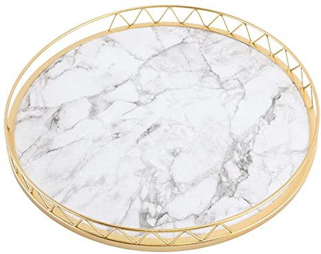 F Fityle Desktop Organizer Trays, Marble Pattern Serving Tray, Cup and Mugs Holder Tray, Round Vanity Decorative Tray Home Storage Solution, White Large