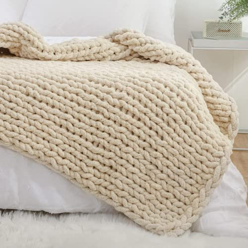 YAAPSU Grobstrickdecke, 152,4 x 203,2 cm, weiche Jumbo-Chenille-Überwurfdecke, 100 % handgestrickt, für Couch, Bett, großes dickes Garn, Zopfstrickdecke, großer Seilknoten, Häkeldecke (Beige)