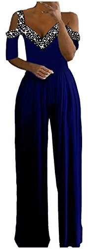 FNKDOR Glitzer Pailletten Jumpsuit Damen Elegant Sommer V-Ausschnitt Cut Out Schulterfrei Overalls Weites Bein Romper