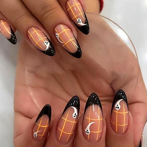 24Pcs Halloween False Nails Medium, Almond French Black Border Fake Nails Cute Ghost Designs Press on Nails, Acrylic Full Cover Glue on Nail for Women and Girls Nail Art Accessories