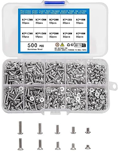 KOXXIAMOQ Set di 500 Viti M3: 250 a Brugola a Testa Piana e 250 a Testa Tonda, per Macchine, Filettate