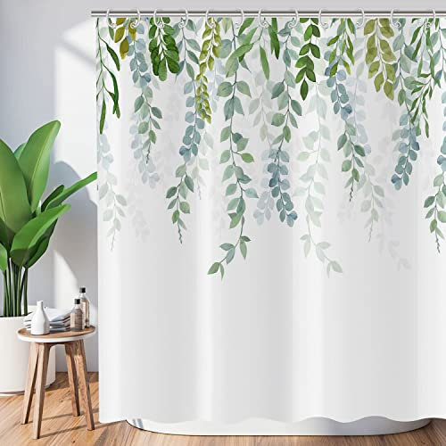 ASDCXZ Blätter Duschvorhang 180x200 cm, Frühling Einfachheit Handgemalt Grün Blätter Weiß Bad Waschbar Duschvorhänge Polyester Textil Wasserdicht Badevorhang für Badewanne mit 12 Haken