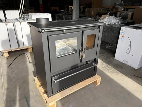 ЕЕК А+ Estufa de leña Verso Cs Plus Inox izquierda con 7,7 kW de potencia, gran compartimento para hornear y diseño robusto de acero inoxidable [