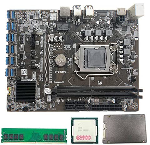 iFutniew Placa base B250C BTC Mining con CPU G3900 + DDR4 4GB 2666MHz RAM + 120G SSD 12XPCIE a USB3.0 ranura para tarjeta LGA1151 para BTC