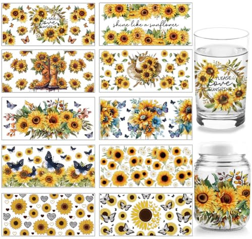 arricraft 10 Blatt UV DTF Cup Wrap, 10 Stil Sonnenblume Schmetterling Stiefel Hüte Rubbelbilder Wasserfestes PVC-Papier Rubbelbilder Zum Aufreiben Für 16OZ Glas Holz 24×11cm