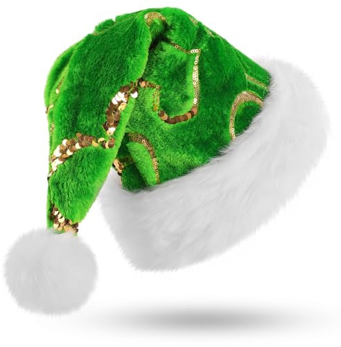 CITÉTOILE Weihnachtsmütze Erwachsene Grün,Nikolausmütze mit Goldener Herzmuster,Plüsch Weihnachtsmütze für Herren und Damen,Santa Clause Mütze für Weihnachtsfeier,Neujahr,Feiertage,Partyzubehör