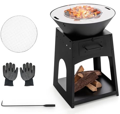 GYMAX 2-in-1 Feuerstelle mit Grillrost & Holzständer, Feuerschale mit Aschekasten, Feuerhaken & Handschuhe, Holzofen Kamin, Feuerkorb, BBQ Grill für Terrasse & Garten
